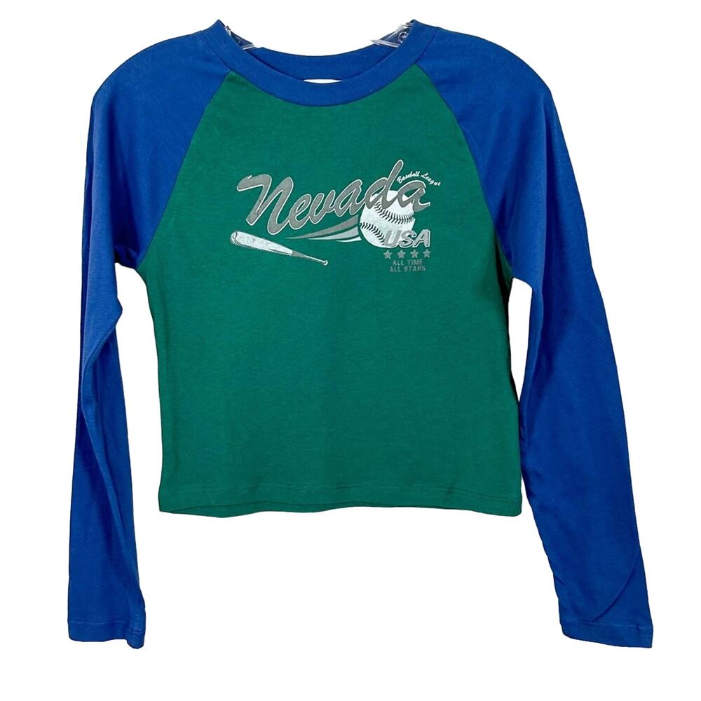 NEW with tags Topshop Nevada Green Blue Graphic Baseball Tee Crop Top Size 10